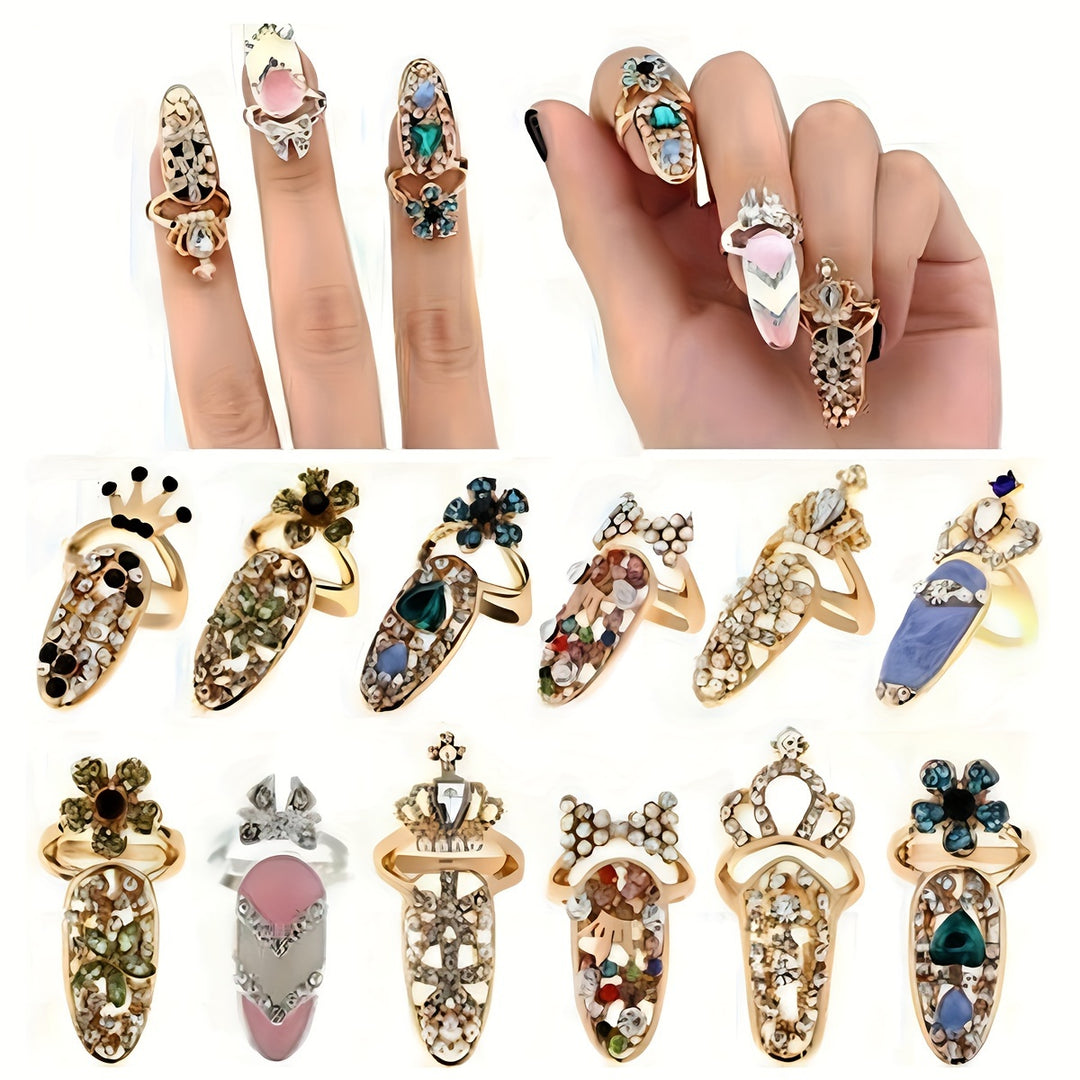 Boho Rhinestone Nail Ring Set - 12-Piece Vintage Glam