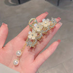 Load image into Gallery viewer, Camellia Rhinestone Faux Pearl Tassel Hair Clip
