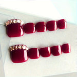 Load image into Gallery viewer, Glossy Rhinestone-Accented Wine Red Toenail Press-Ons
