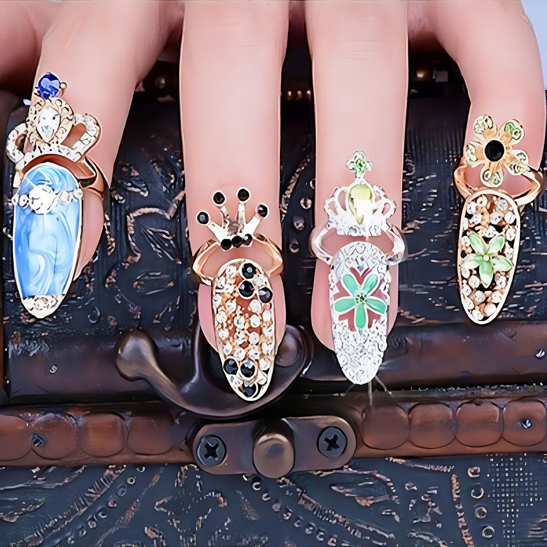 Boho Rhinestone Nail Ring Set - 12-Piece Vintage Glam