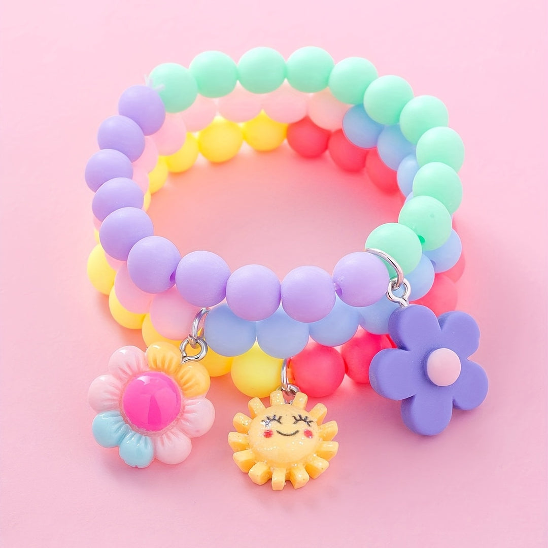 3pcs Cute Sun Flower Pendant Color Block Beaded Bracelet Set for Girls