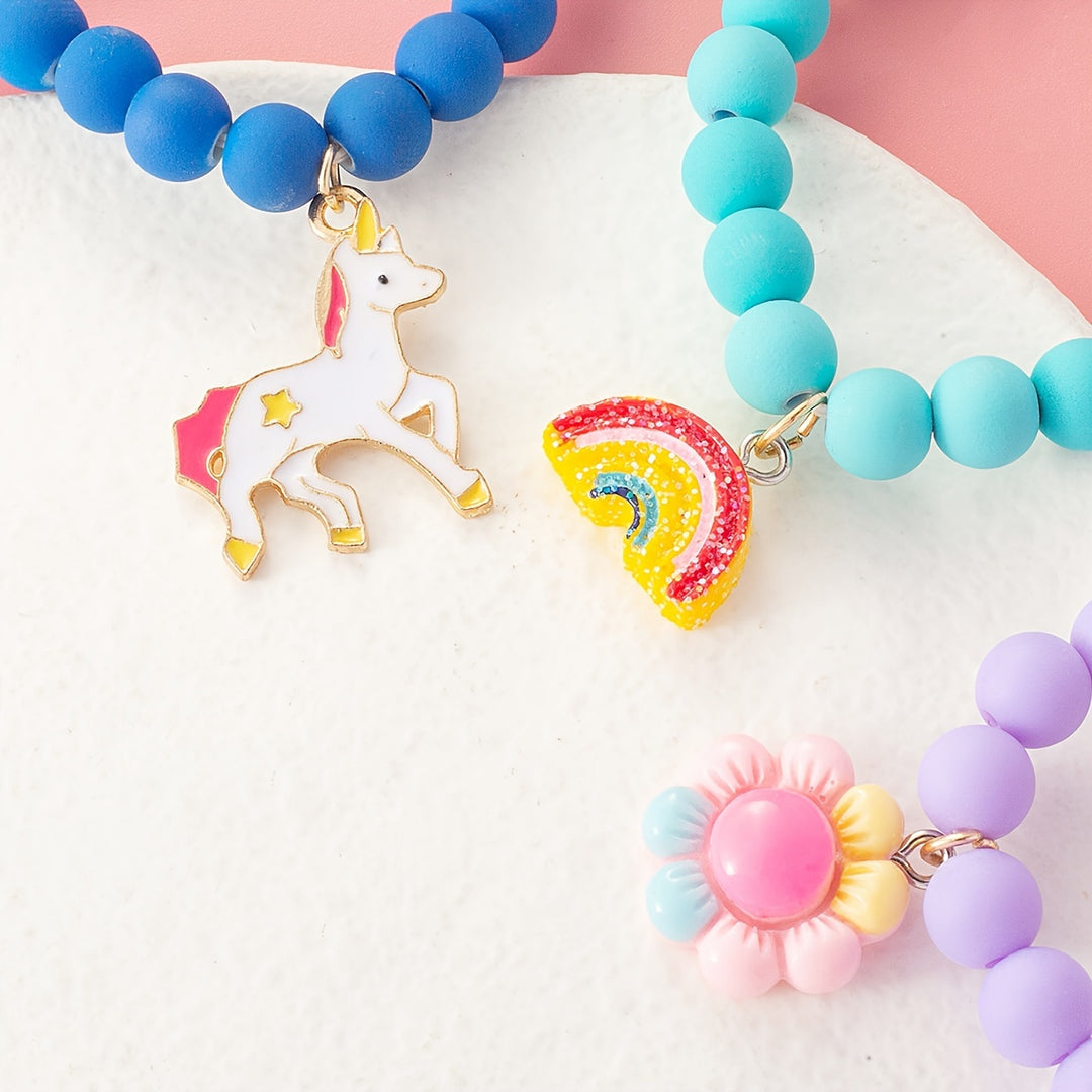 3pcs Cute Unicorn/Sunflower/Rainbow Charm Beaded Bracelets For Girls