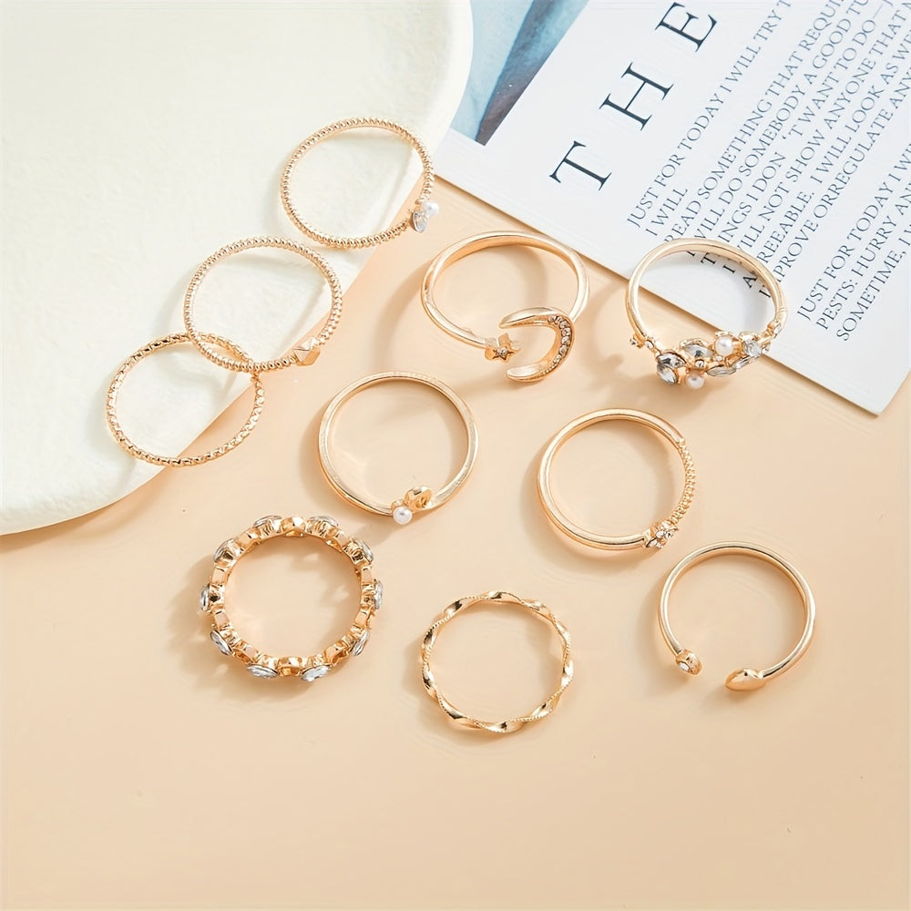 10-Piece Rhinestone Adjustable Ring Set