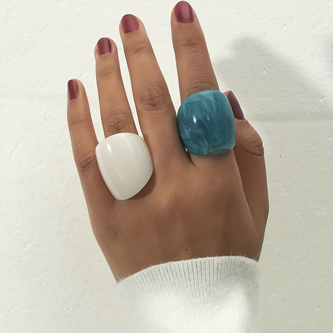 2pcs Chunky Resin Rings (Ocean Blue & Milky White)