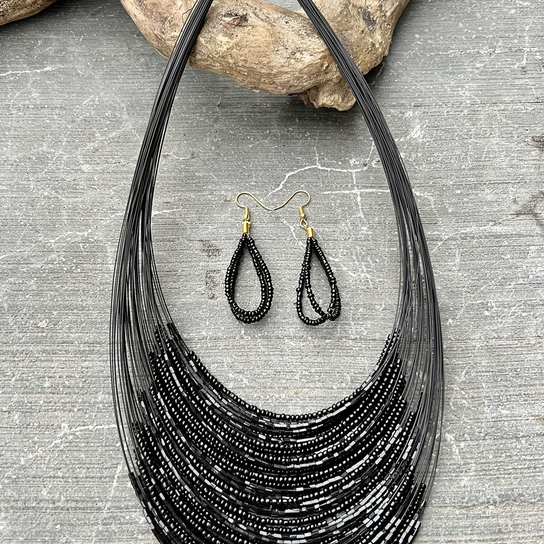 Black Beaded Multi-Layer Necklace & Earring Set