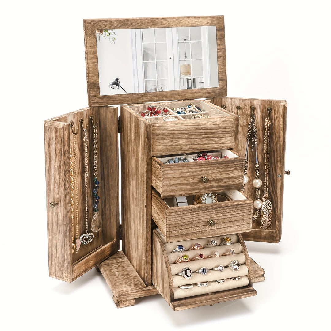 Rustic Wooden Jewelry Organizer Box with Mirror