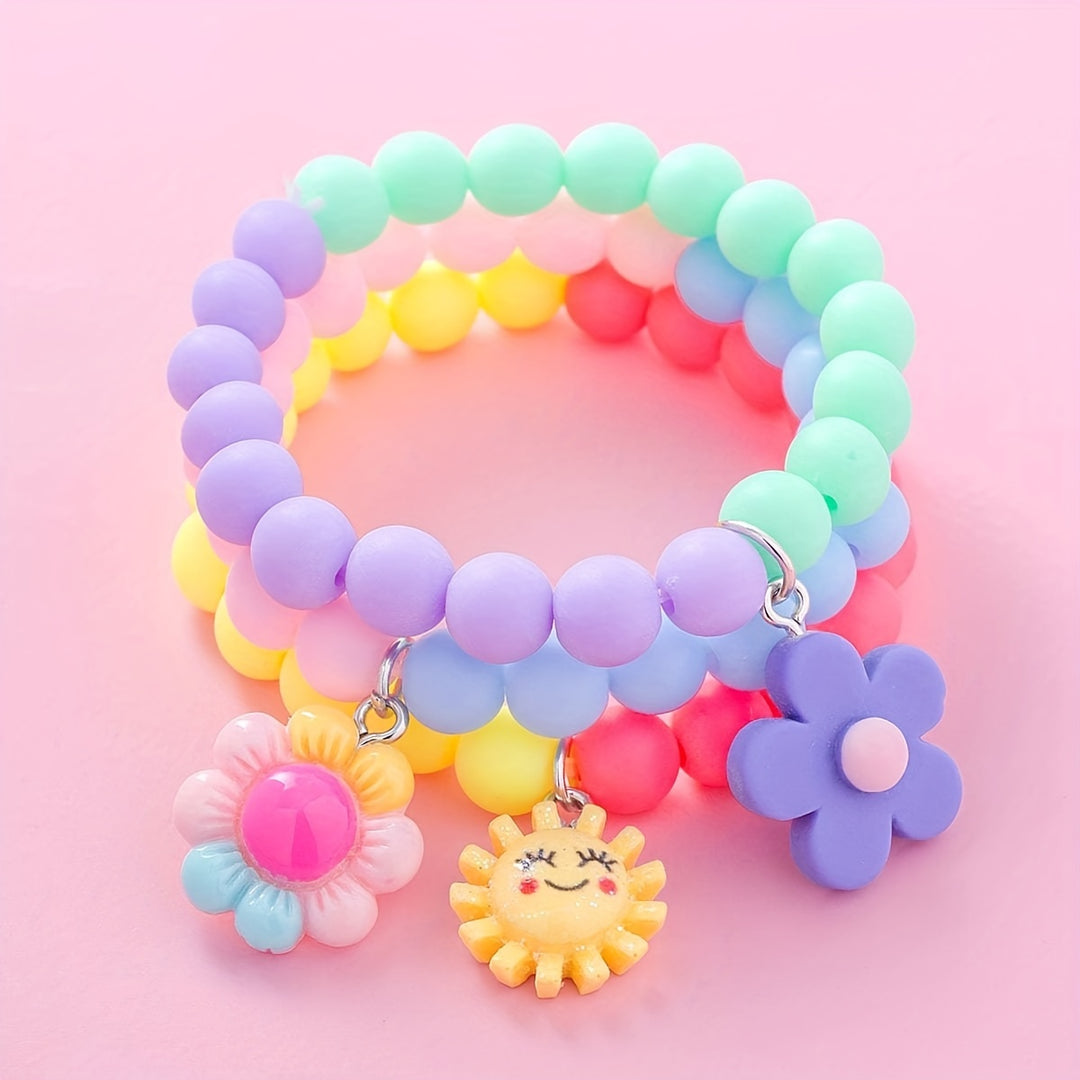 3pcs Cute Sun Flower Pendant Color Block Beaded Bracelet Set for Girls