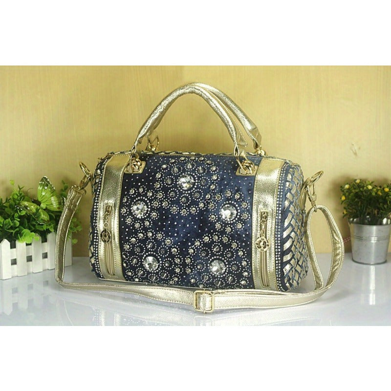 Denim Rivet Boston Bag