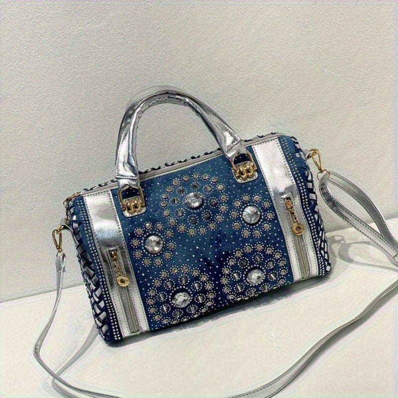 Denim Rivet Boston Bag