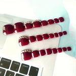 Load image into Gallery viewer, Glossy Rhinestone-Accented Wine Red Toenail Press-Ons
