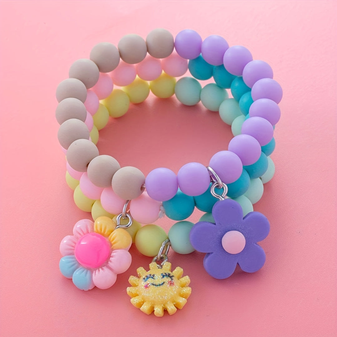 3pcs Cute Sun Flower Pendant Color Block Beaded Bracelet Set for Girls