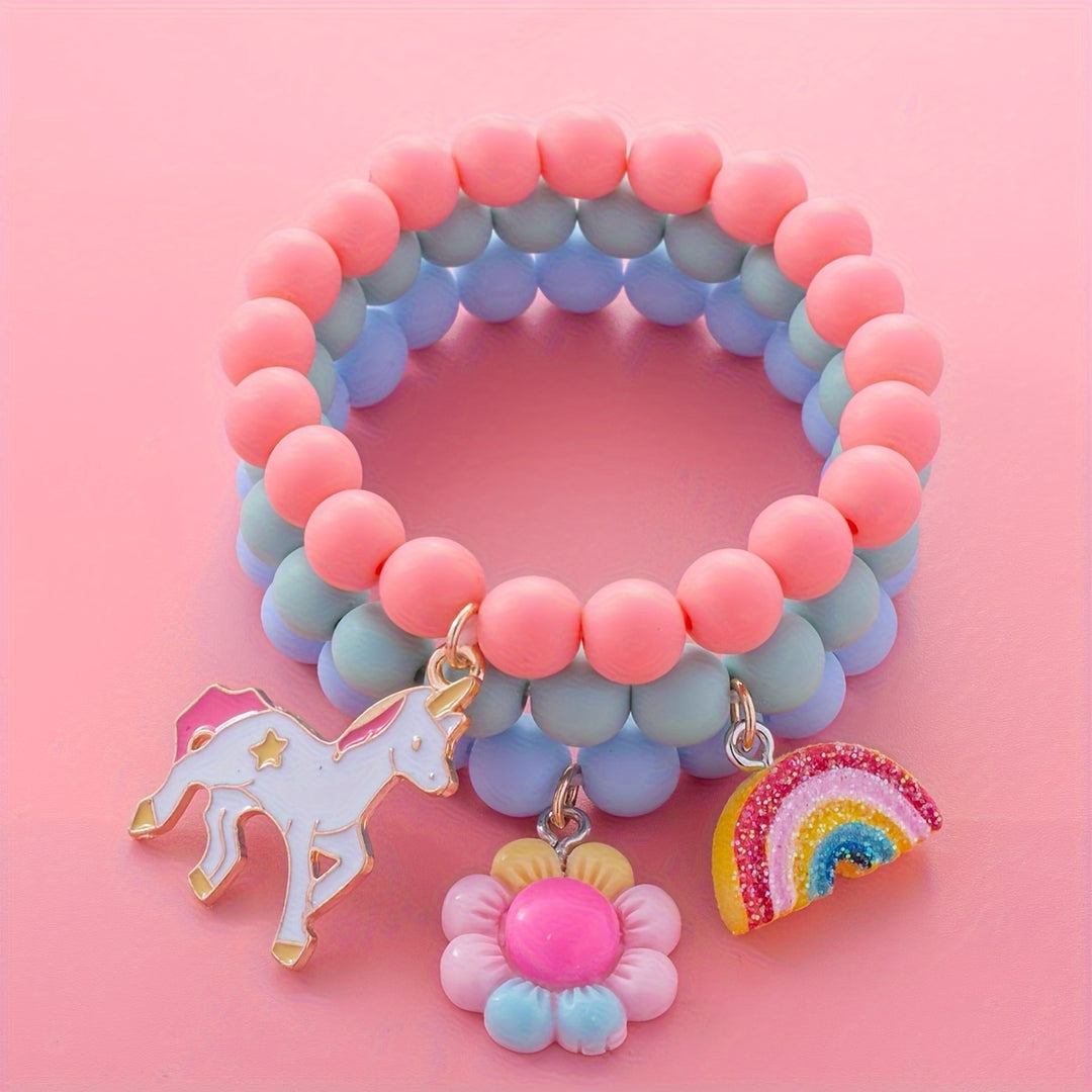 3pcs Cute Unicorn/Sunflower/Rainbow Charm Beaded Bracelets For Girls