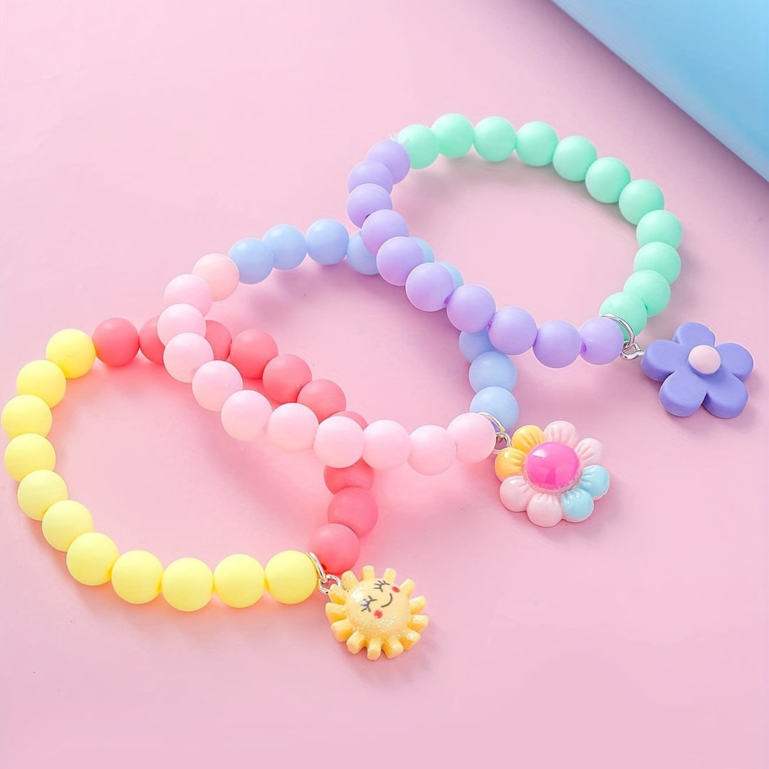 3pcs Cute Sun Flower Pendant Color Block Beaded Bracelet Set for Girls