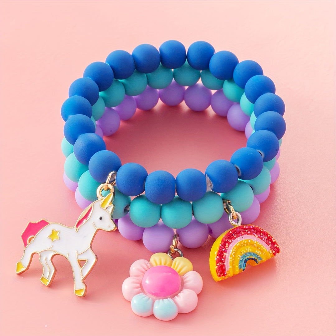 3pcs Cute Unicorn/Sunflower/Rainbow Charm Beaded Bracelets For Girls