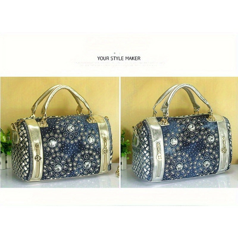 Denim Rivet Boston Bag