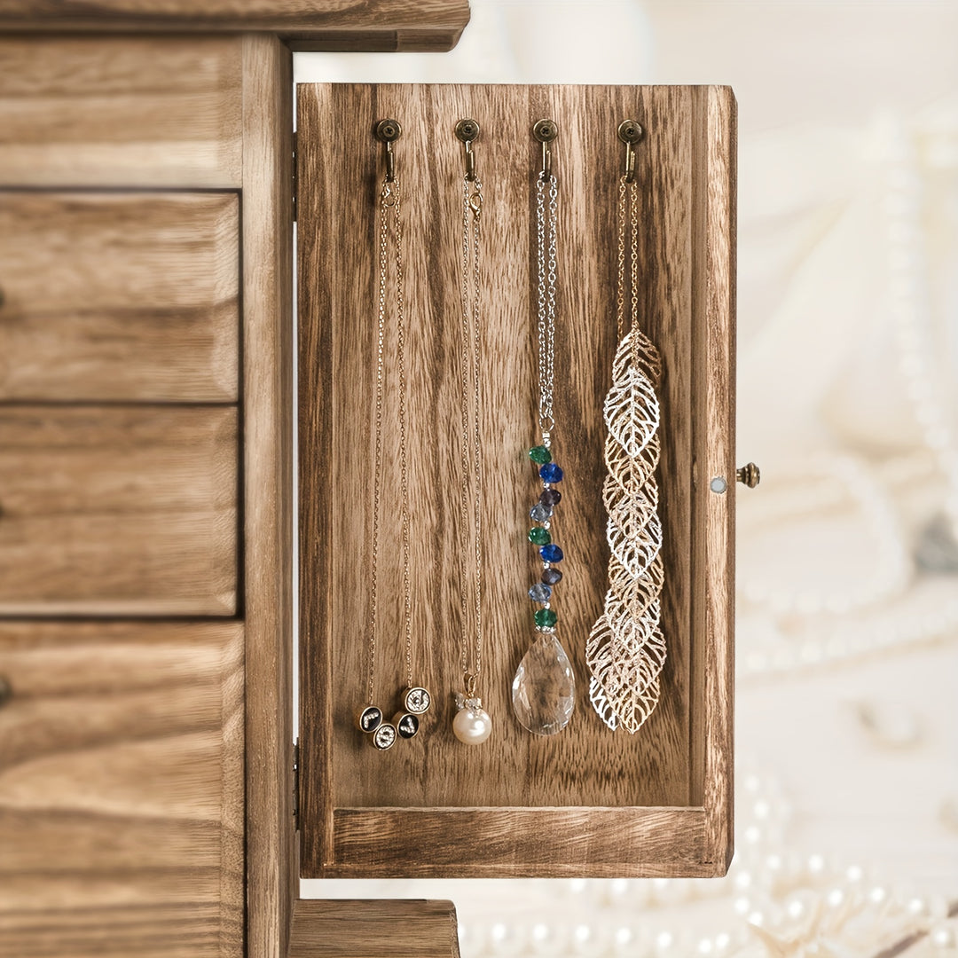 Rustic Wooden Jewelry Organizer Box with Mirror