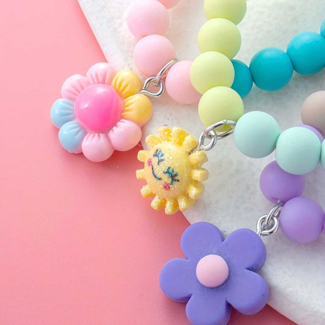 3pcs Cute Sun Flower Pendant Color Block Beaded Bracelet Set for Girls