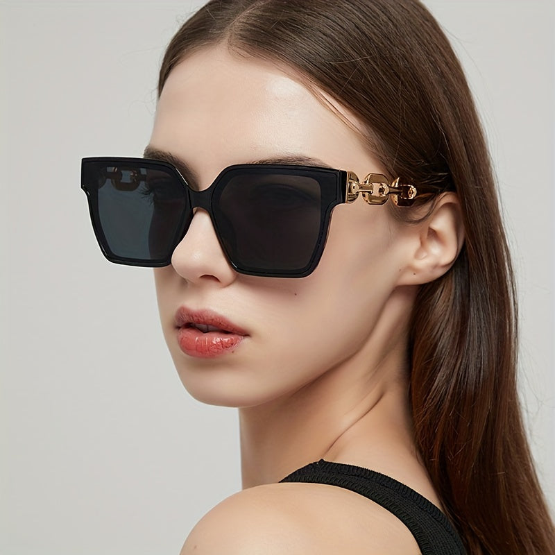 Bold Square Frame Chain-Design Sunglasses