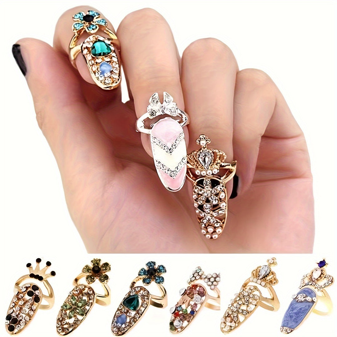 Boho Rhinestone Nail Ring Set - 12-Piece Vintage Glam