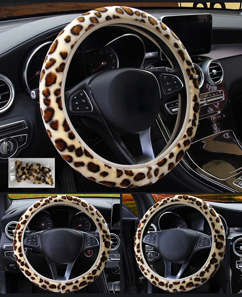 Leopard Print Plush Car Steering Wheel Cover