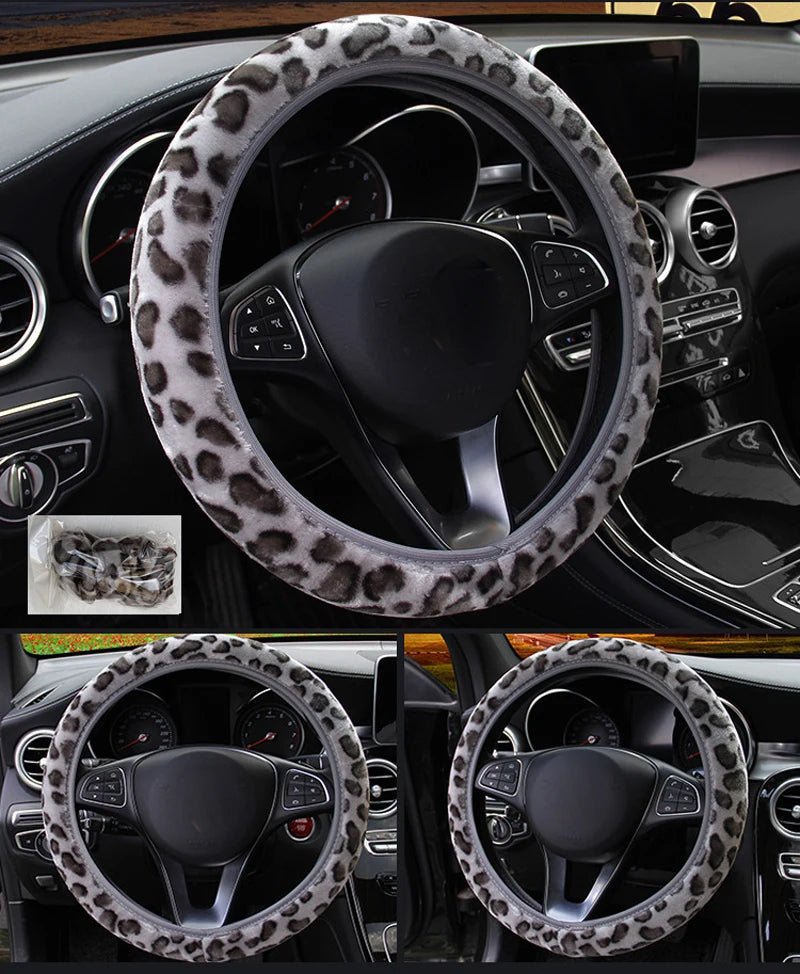 Leopard Print Plush Car Steering Wheel Cover