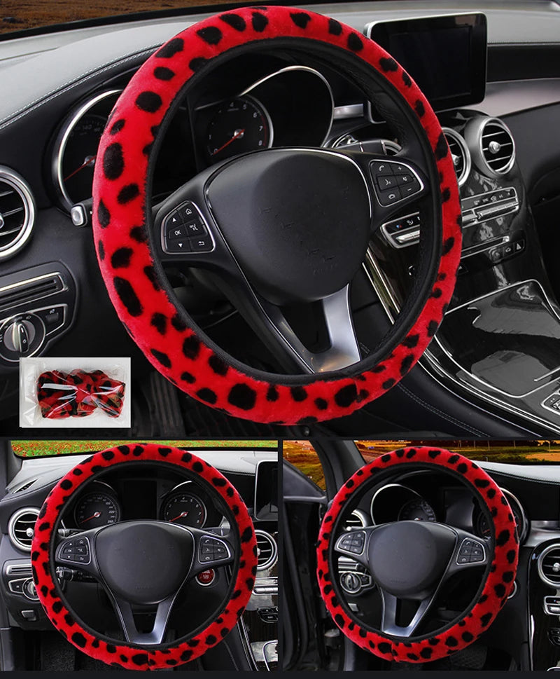 Leopard Print Plush Car Steering Wheel Cover