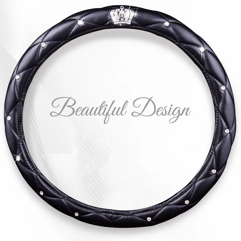 Diamond-Embellished PU Leather Steering Wheel Cover