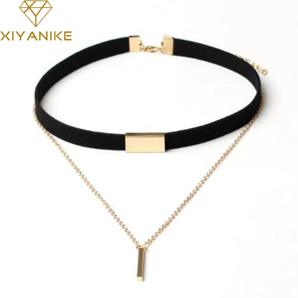 Black Velvet Choker with Gold Chain Bar