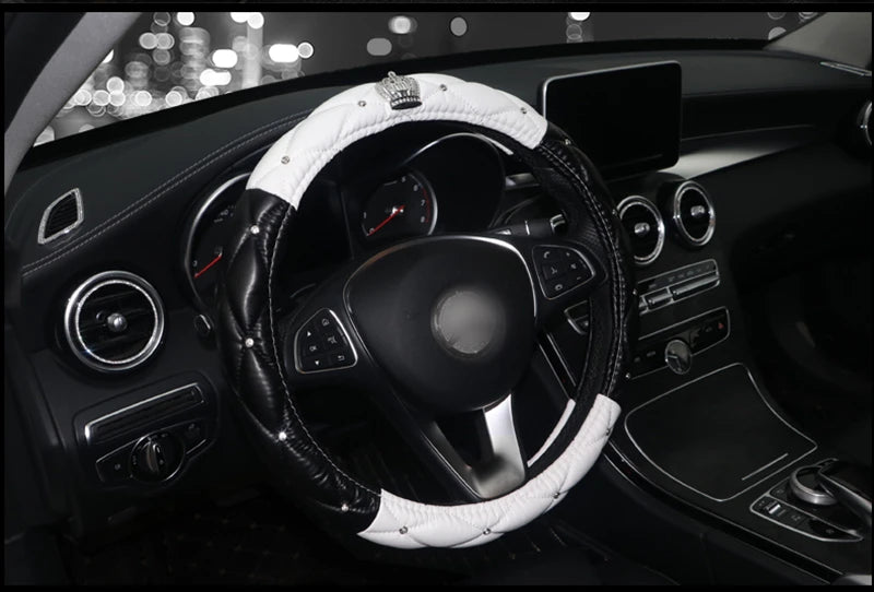 Diamond-Embellished PU Leather Steering Wheel Cover