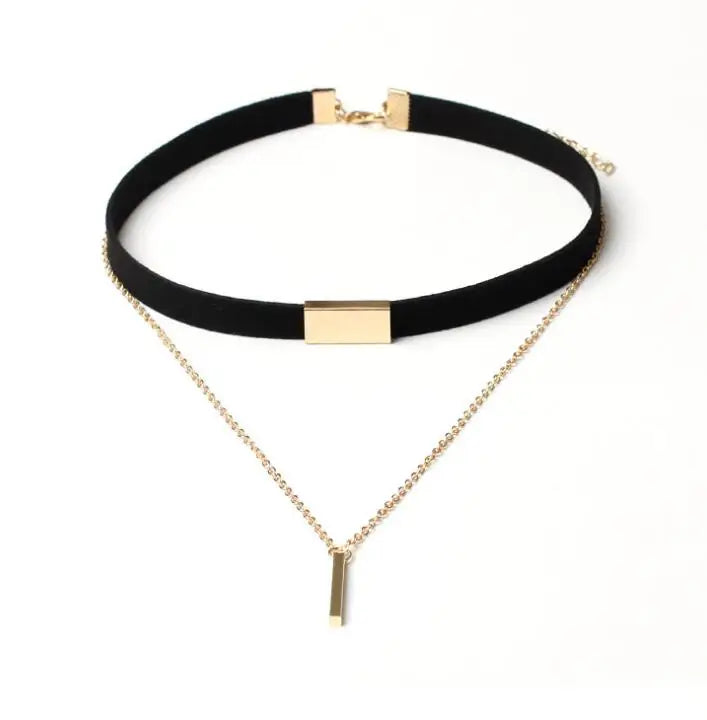 Black Velvet Choker with Gold Chain Bar