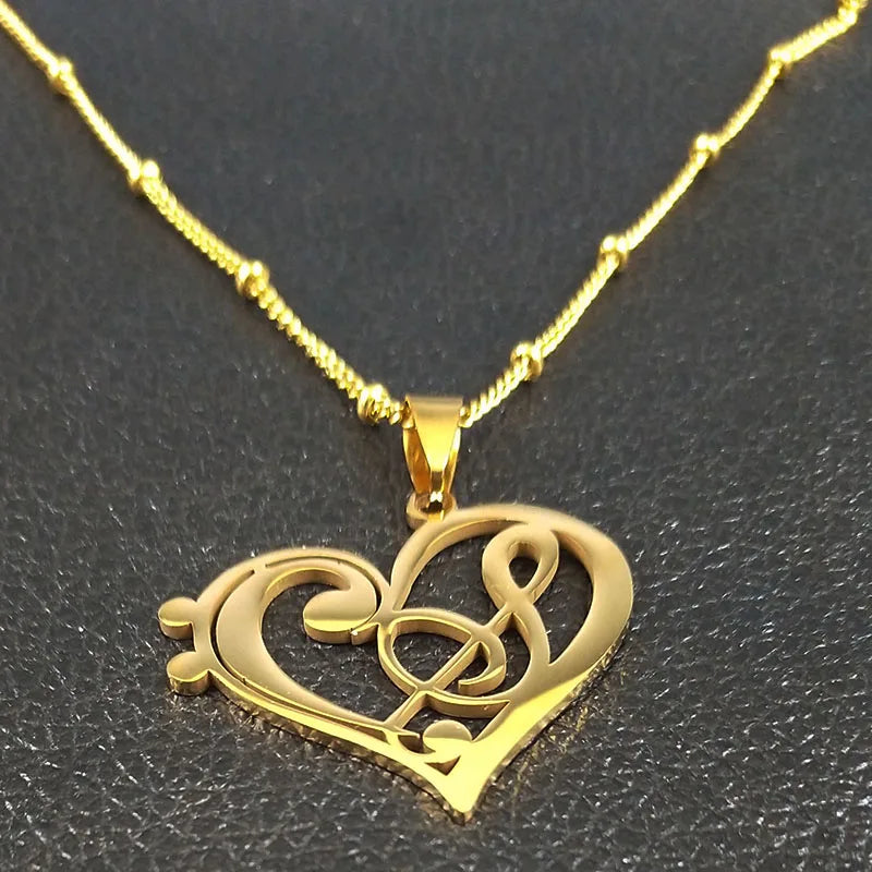 Gold Music Note Heart Necklace