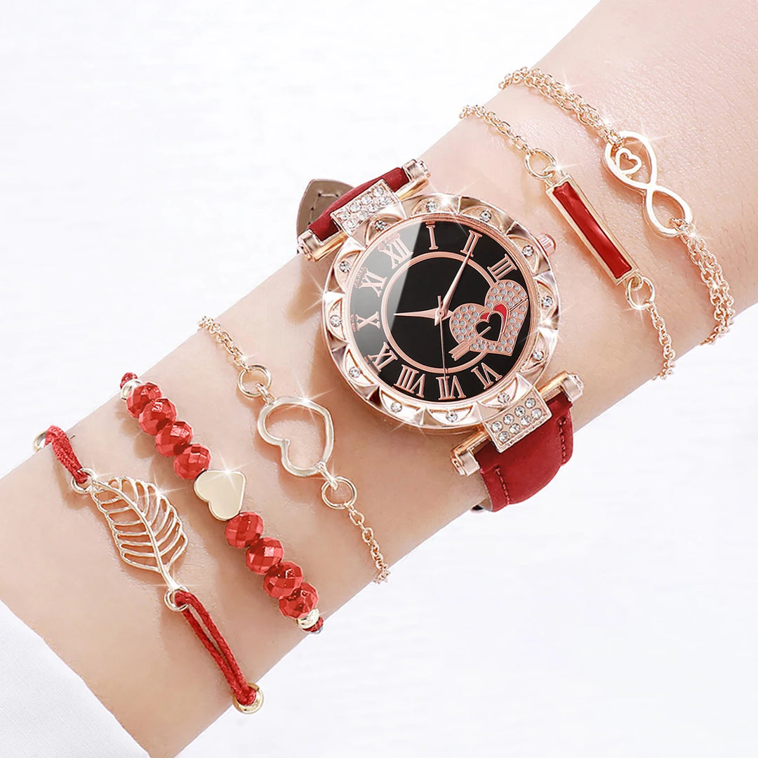 Roma Heart Dial Women's Watch & Leaf Bracelet Set