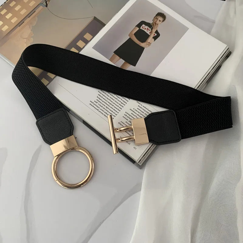 Women’s Skinny Elastic Stretch Belt with Golden Buckle