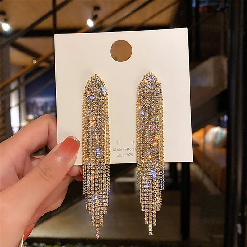 LATS Shiny Crystal Tassel Earrings