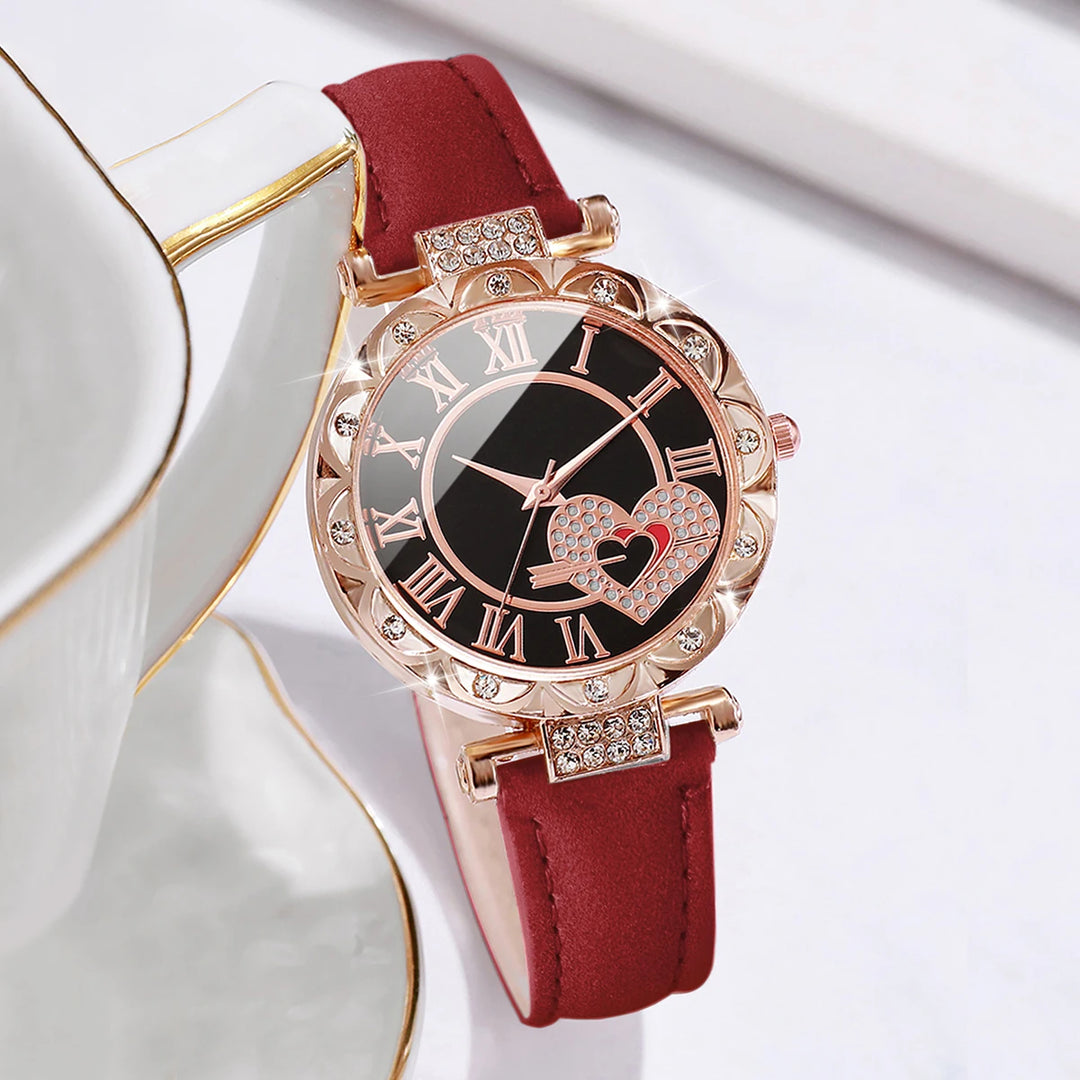 Roma Heart Dial Women's Watch & Leaf Bracelet Set