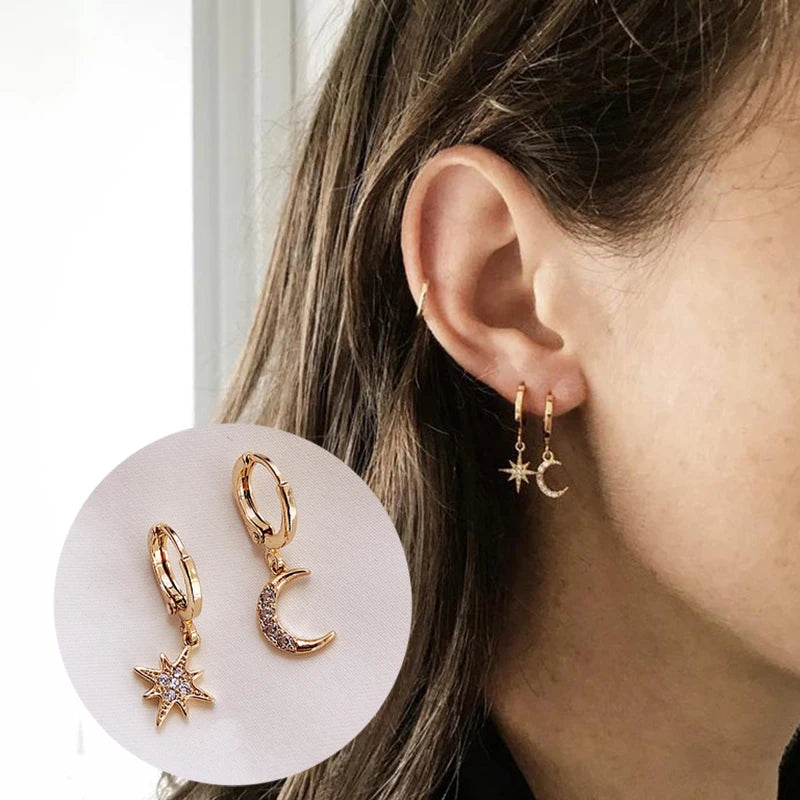 Star and Moon Asymmetric Dangle Earrings