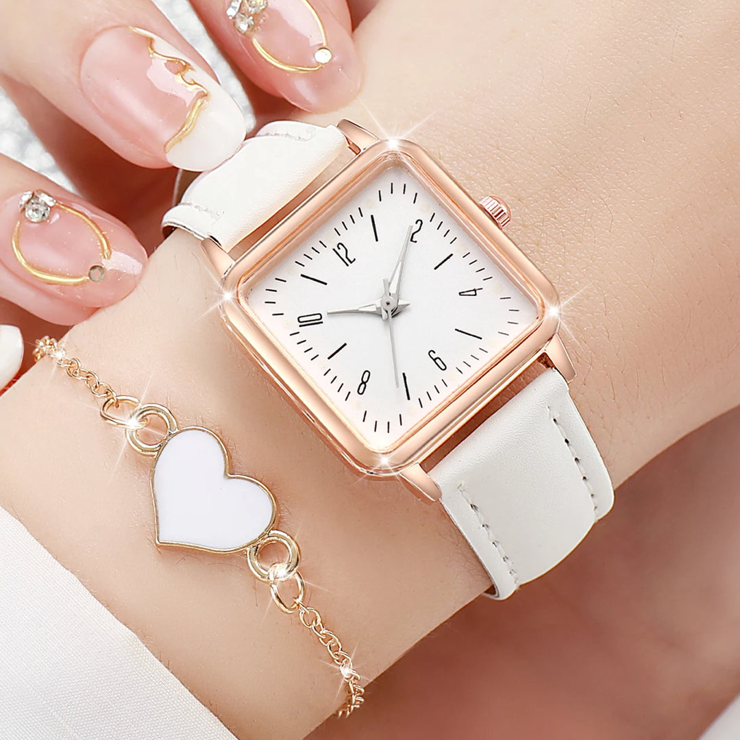 Fashion Square Watch & Heart Bracelet Set