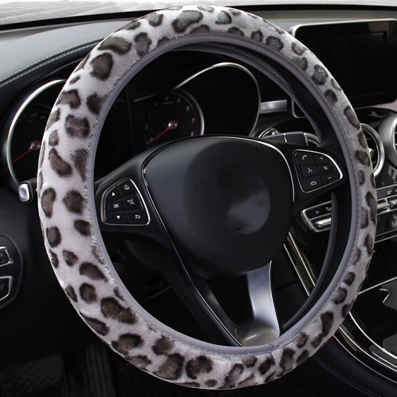 Leopard Print Plush Car Steering Wheel Cover