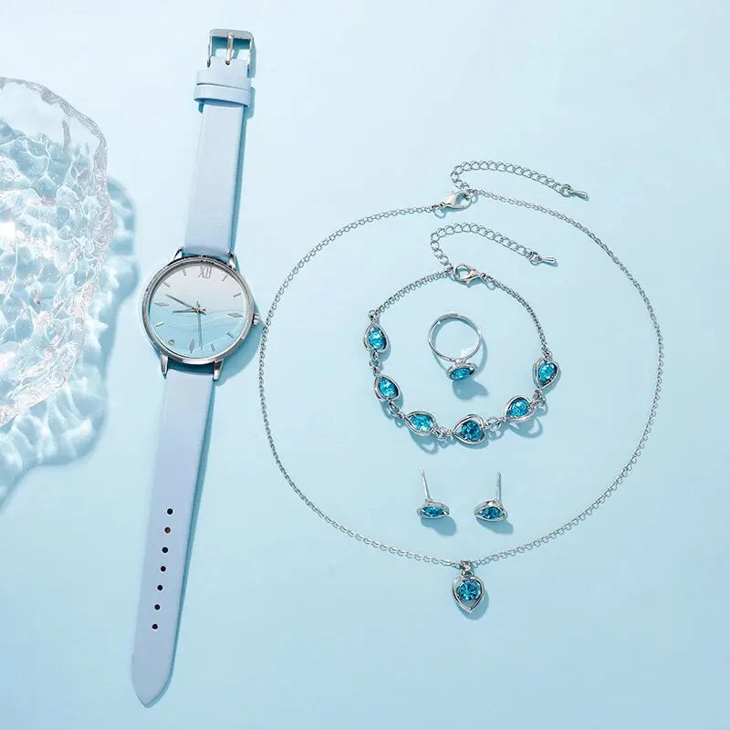 Blue Rhinestone Quartz Watch & Jewelry Set