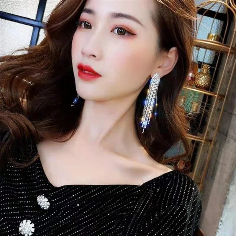 LATS Shiny Crystal Tassel Earrings