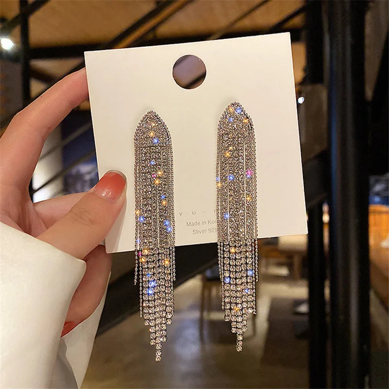 LATS Shiny Crystal Tassel Earrings