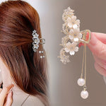 Load image into Gallery viewer, Camellia Rhinestone Faux Pearl Tassel Hair Clip
