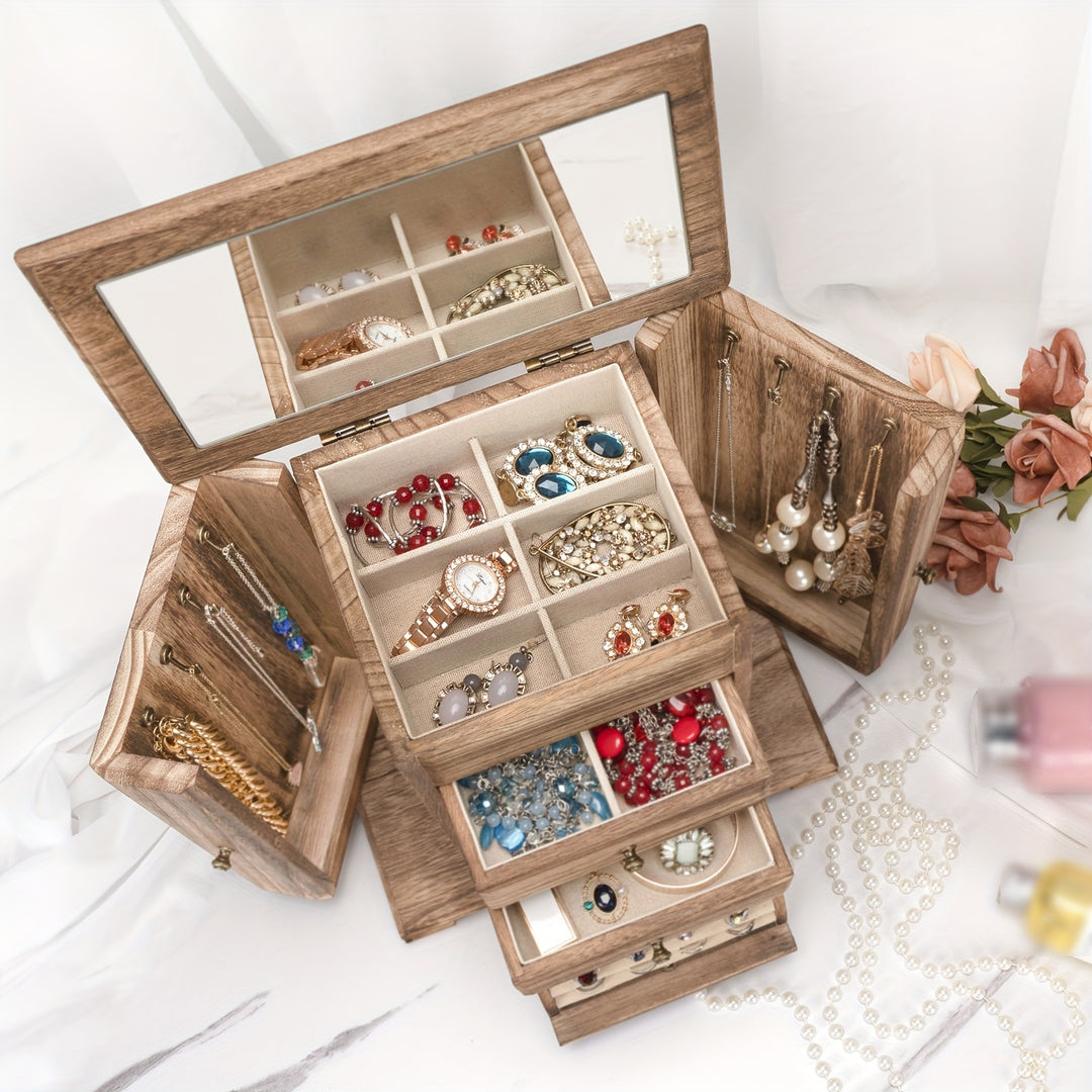 Rustic Wooden Jewelry Organizer Box with Mirror