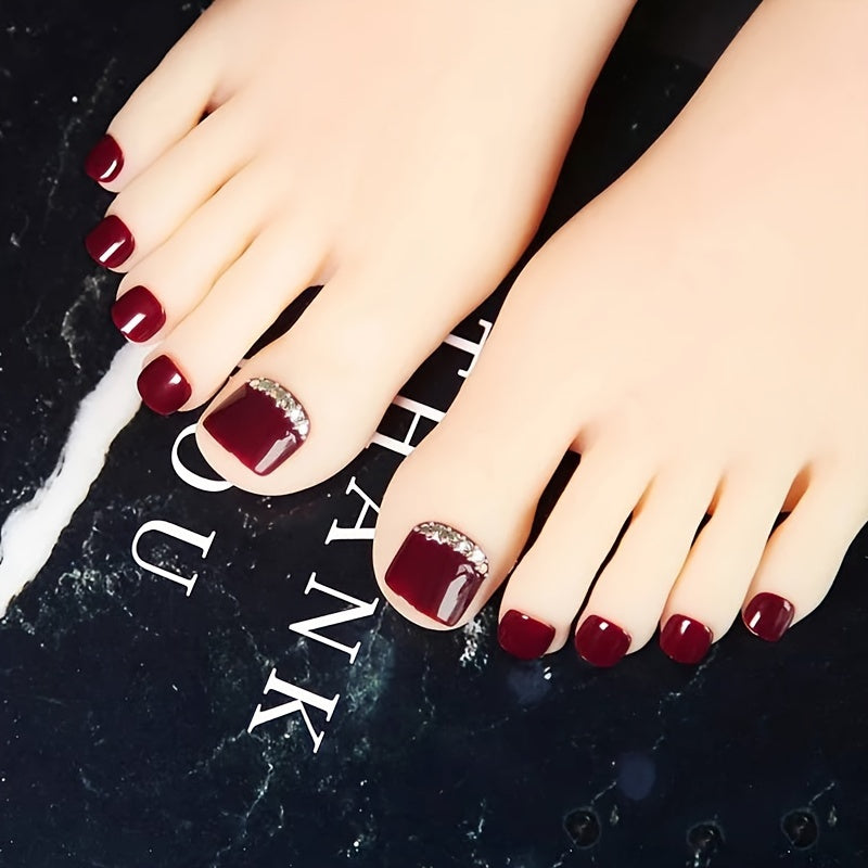 Glossy Rhinestone-Accented Wine Red Toenail Press-Ons