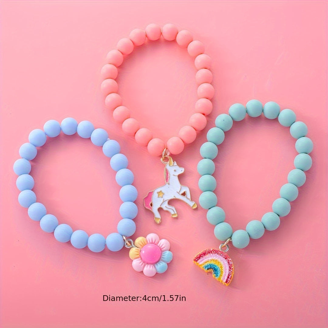 3pcs Cute Unicorn/Sunflower/Rainbow Charm Beaded Bracelets For Girls