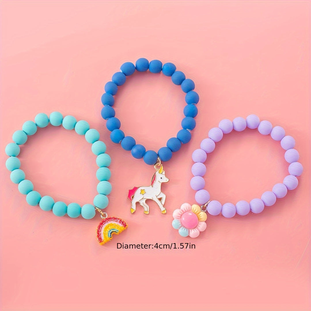 3pcs Cute Unicorn/Sunflower/Rainbow Charm Beaded Bracelets For Girls