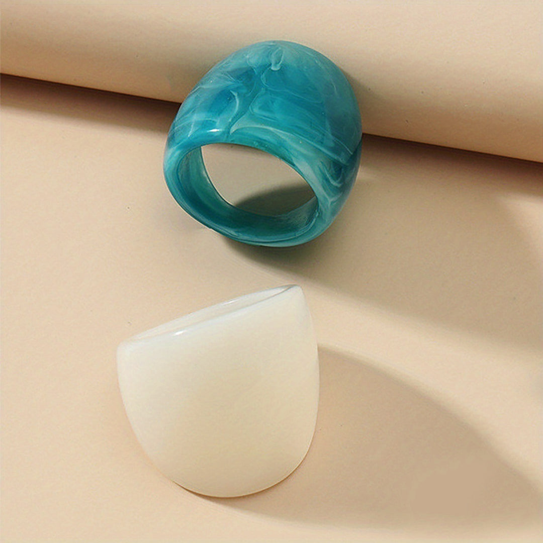 2pcs Chunky Resin Rings (Ocean Blue & Milky White)