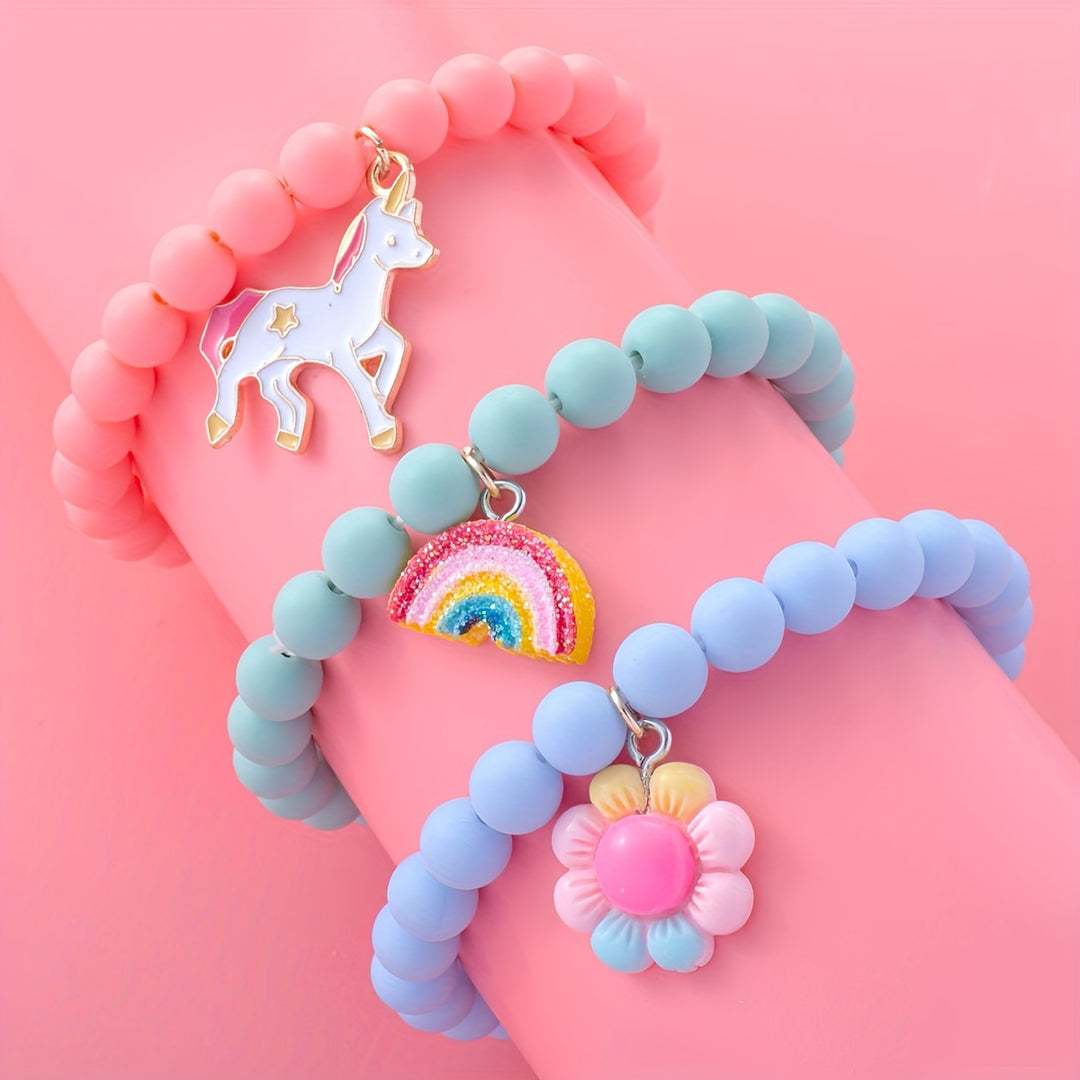 3pcs Cute Unicorn/Sunflower/Rainbow Charm Beaded Bracelets For Girls