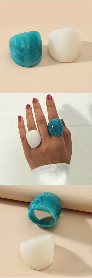 2pcs Chunky Resin Rings (Ocean Blue & Milky White)