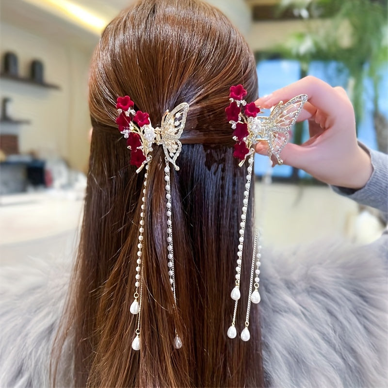 Red Rose Pearl Tassel Hair Claw